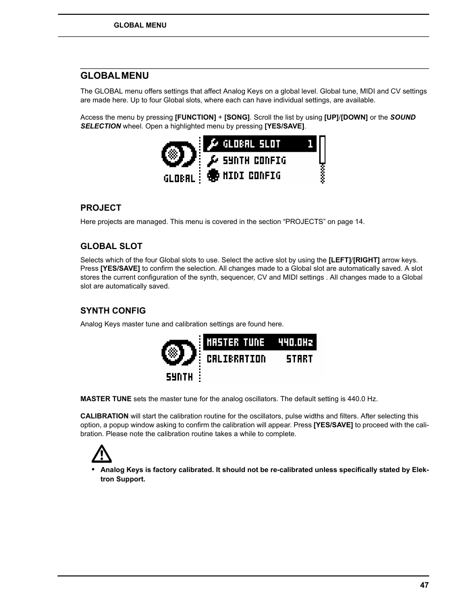 Global menu, Project, Global slot | Synth config, Project global slot synth config | Elektron Analog Four User Manual | Page 55 / 124