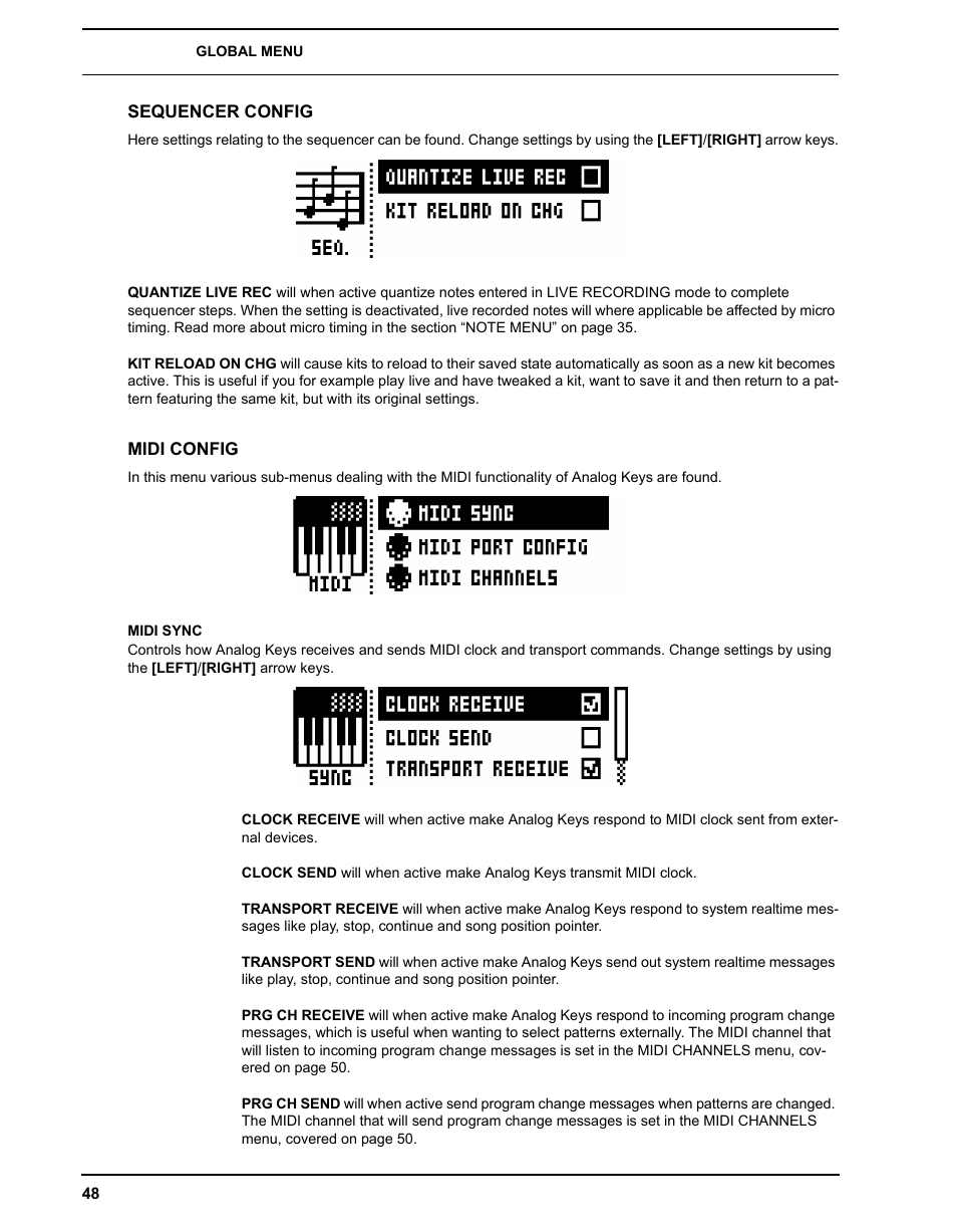 Sequencer config, Midi config, Midi sync | Sequencer config midi config | Elektron Analog Four User Manual | Page 56 / 124