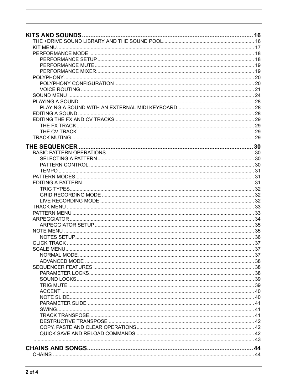Kits and sounds, The sequencer, Chains and songs | Elektron Analog Four User Manual | Page 6 / 124