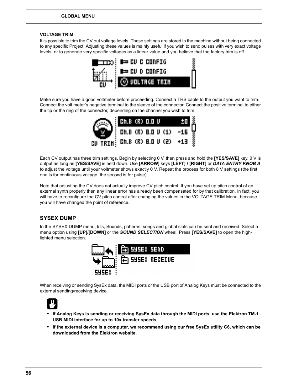 Voltage trim, Sysex dump | Elektron Analog Four User Manual | Page 64 / 124