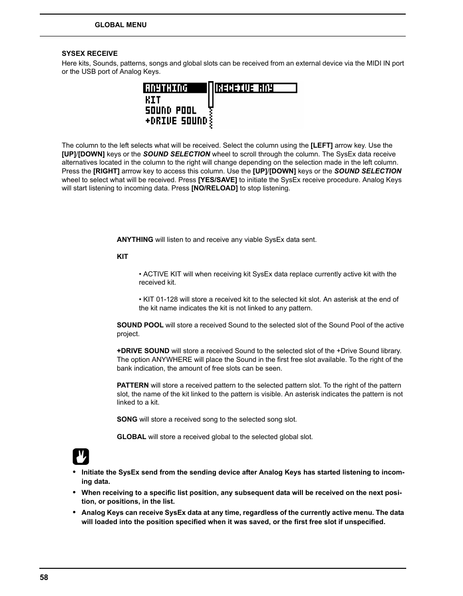 Sysex receive | Elektron Analog Four User Manual | Page 66 / 124