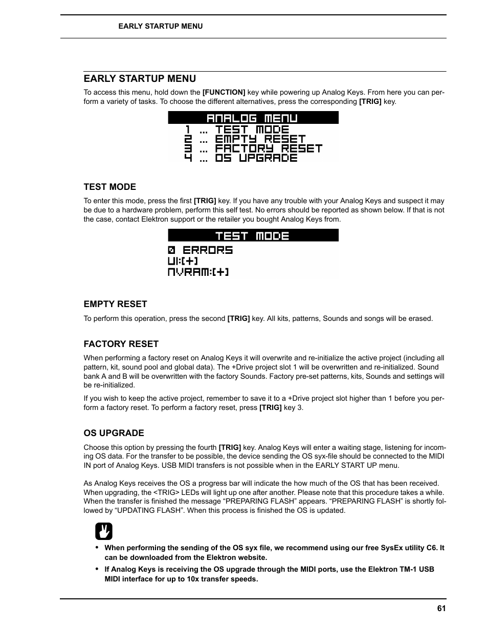 Early startup menu, Test mode, Empty reset | Factory reset, Os upgrade, Test mode empty reset factory reset os upgrade | Elektron Analog Four User Manual | Page 69 / 124
