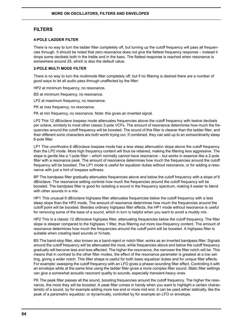 Filters, Pole ladder filter, Pole multi mode filter | Pole ladder filter 2-pole multi mode filter | Elektron Analog Four User Manual | Page 72 / 124