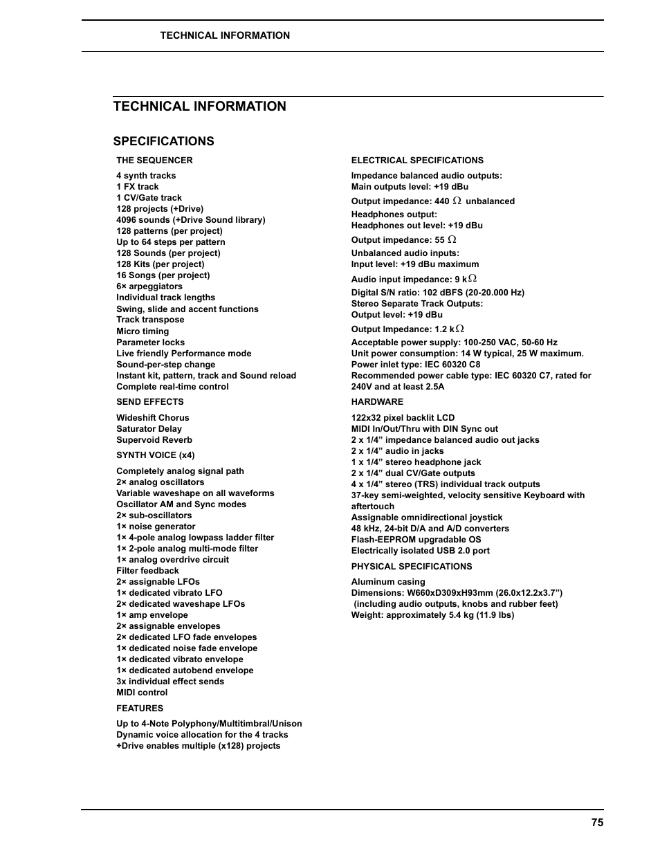Technical information, Specifications | Elektron Analog Four User Manual | Page 83 / 124