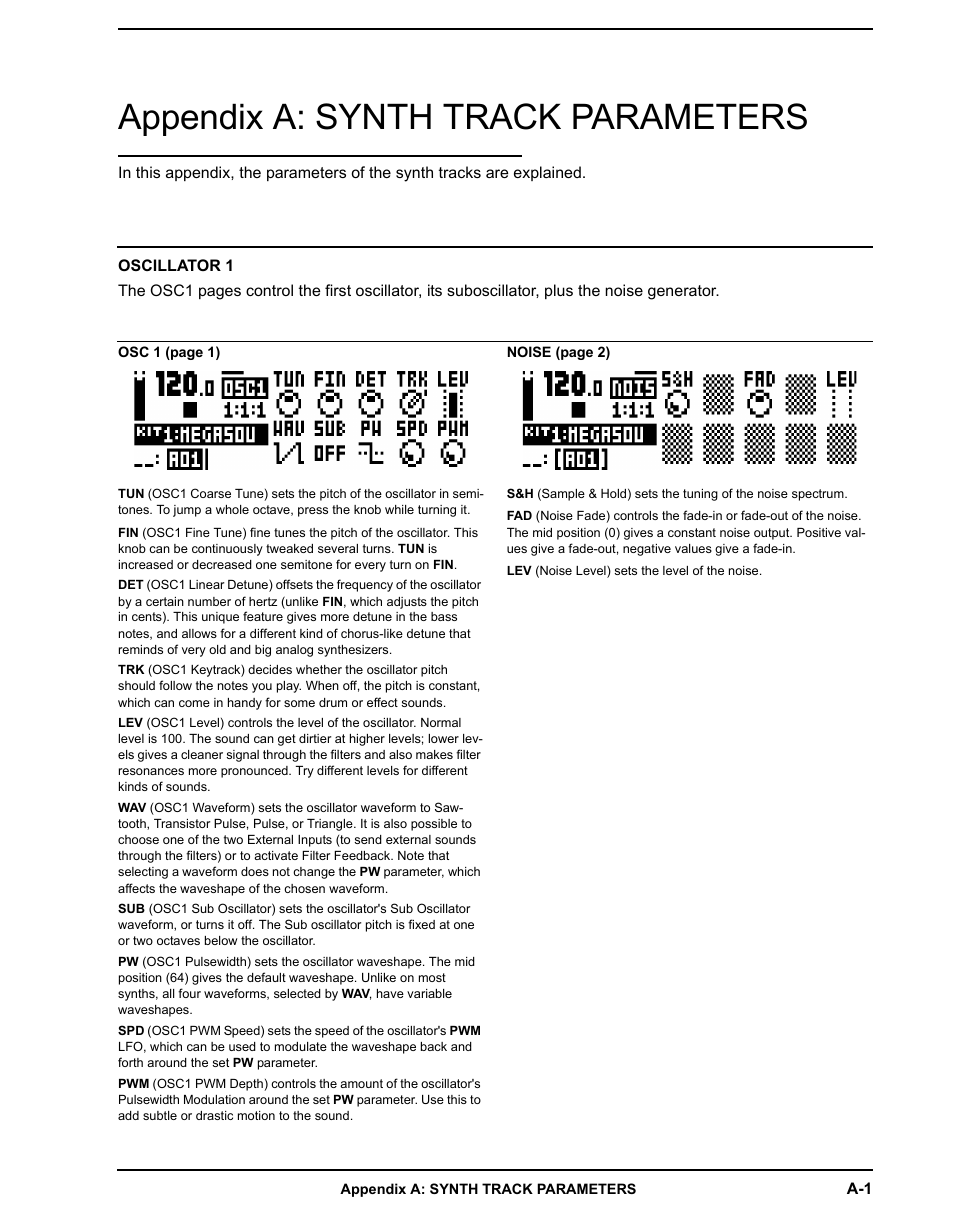 Appendix a: synth track parameters, Oscillator 1, See “appendix a: synth track parameters | Elektron Analog Four User Manual | Page 85 / 124