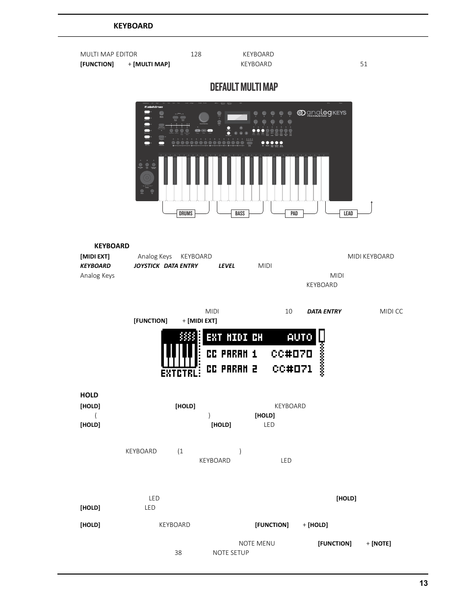 外部keyboardモード, Holdモード, Keyboard | Hold, Default multi map, Multi map editor 128 keyboard, Keyboard 51, Analog keys keyboard midi keyboard, Midi analog keys midi keyboard midi 10, Midi cc | Elektron Analog Four User Manual | Page 23 / 126