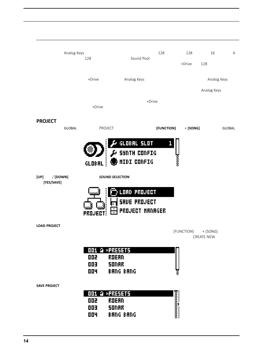 プロジェクト, Projectメニュー, Project | Elektron Analog Four User Manual | Page 24 / 126