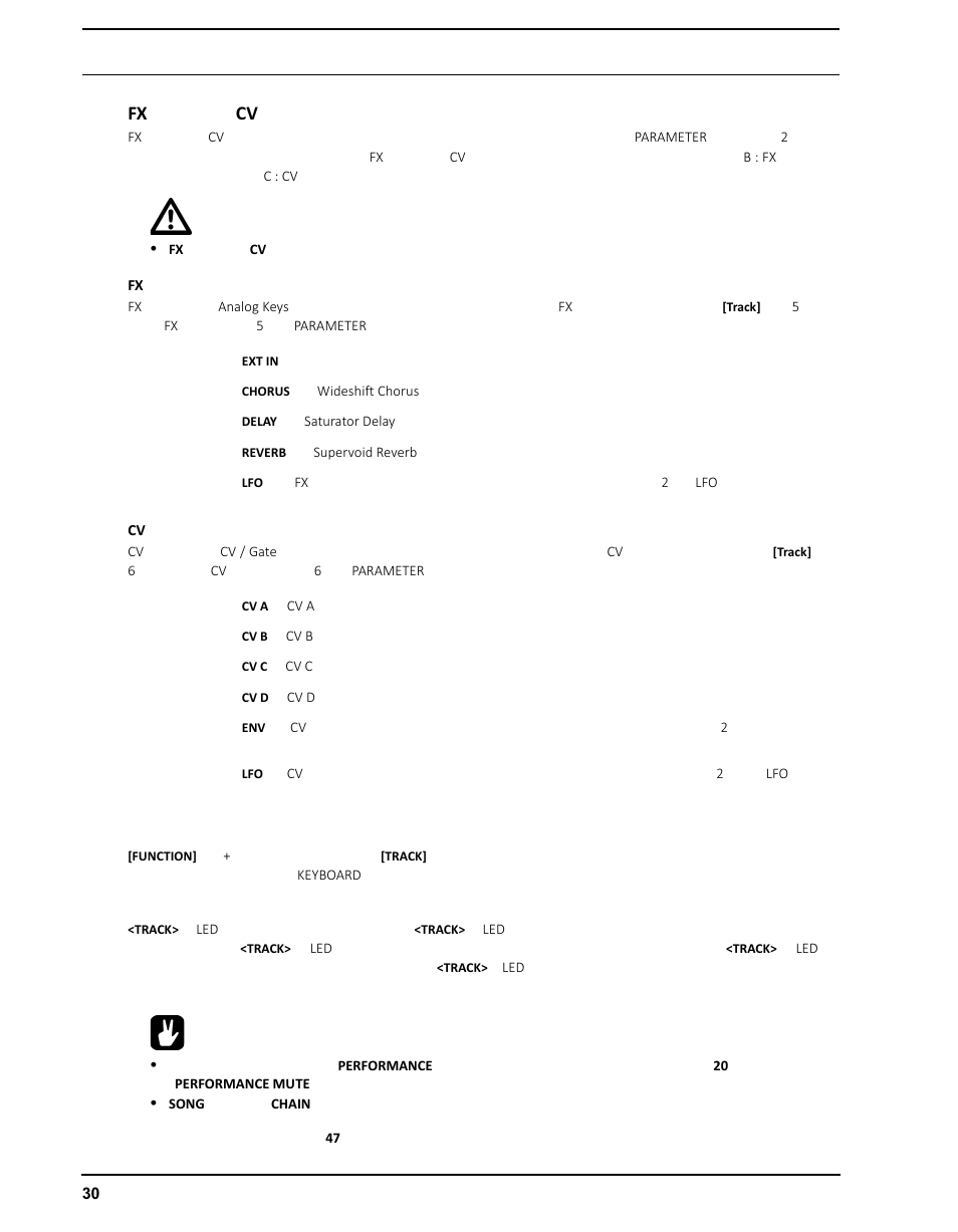 Fxトラックとcvトラックの編集, Fxトラック, Cvトラック | トラックのミューティング, Fx cv | Elektron Analog Four User Manual | Page 40 / 126