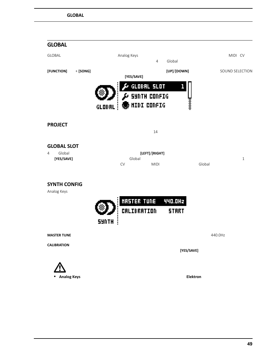Globalメニュー, Project, Global slot | Synth config, Global, Project global slot synth config | Elektron Analog Four User Manual | Page 59 / 126