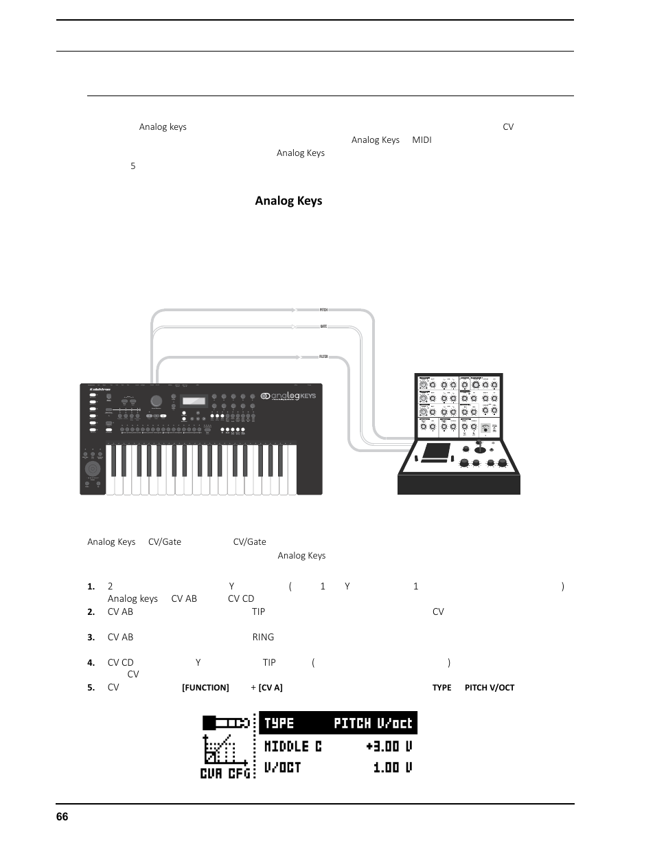 セットアップの例, 外部のアナログシンセサイザーのanalog keysによるコントロール, Analog keys | Elektron Analog Four User Manual | Page 76 / 126