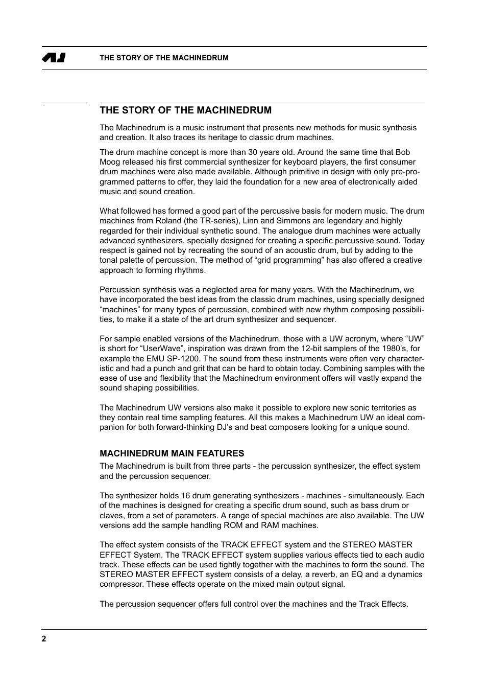 The story of the machinedrum, Machinedrum main features, The story of the machinedrum -2 | Machinedrum main features -2 | Elektron Machinedrum User Manual | Page 10 / 126