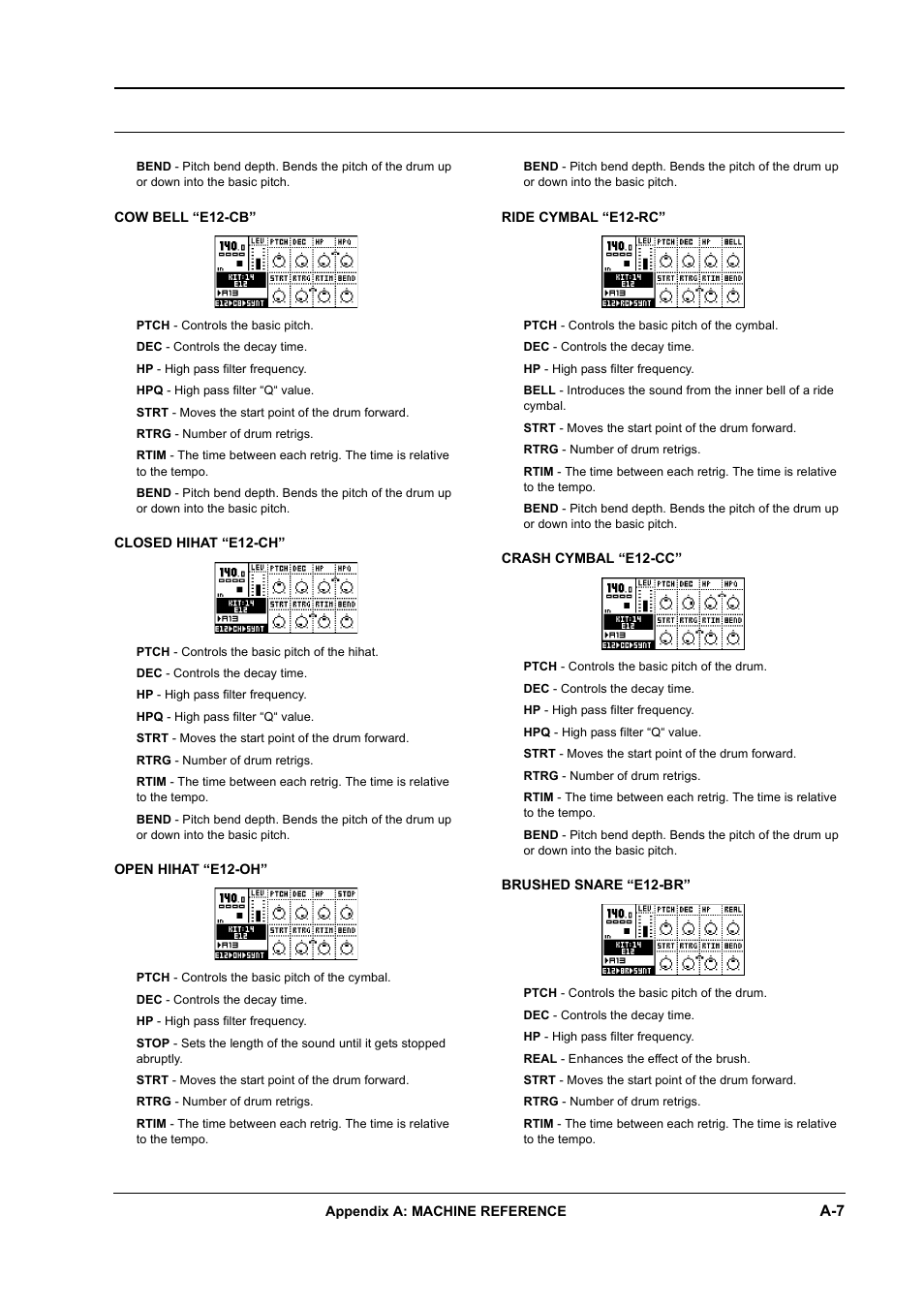 Cow bell “e12-cb, Closed hihat “e12-ch, Open hihat “e12-oh | Ride cymbal “e12-rc, Crash cymbal “e12-cc, Brushed snare “e12-br | Elektron Machinedrum User Manual | Page 103 / 126