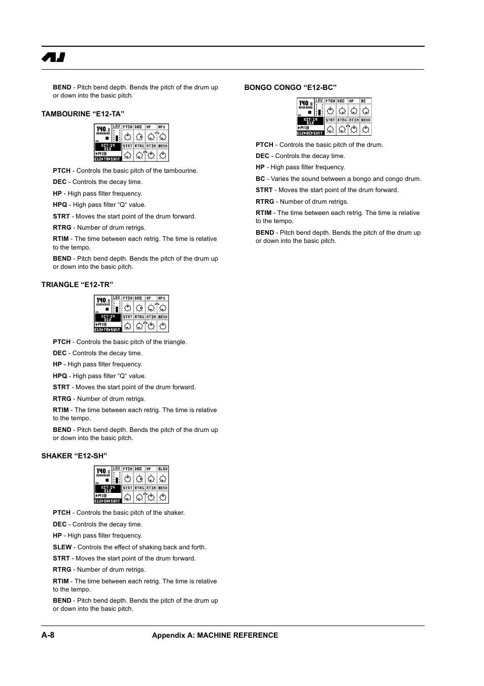 Tambourine “e12-ta, Triangle “e12-tr, Shaker “e12-sh | Bongo congo “e12-bc | Elektron Machinedrum User Manual | Page 104 / 126