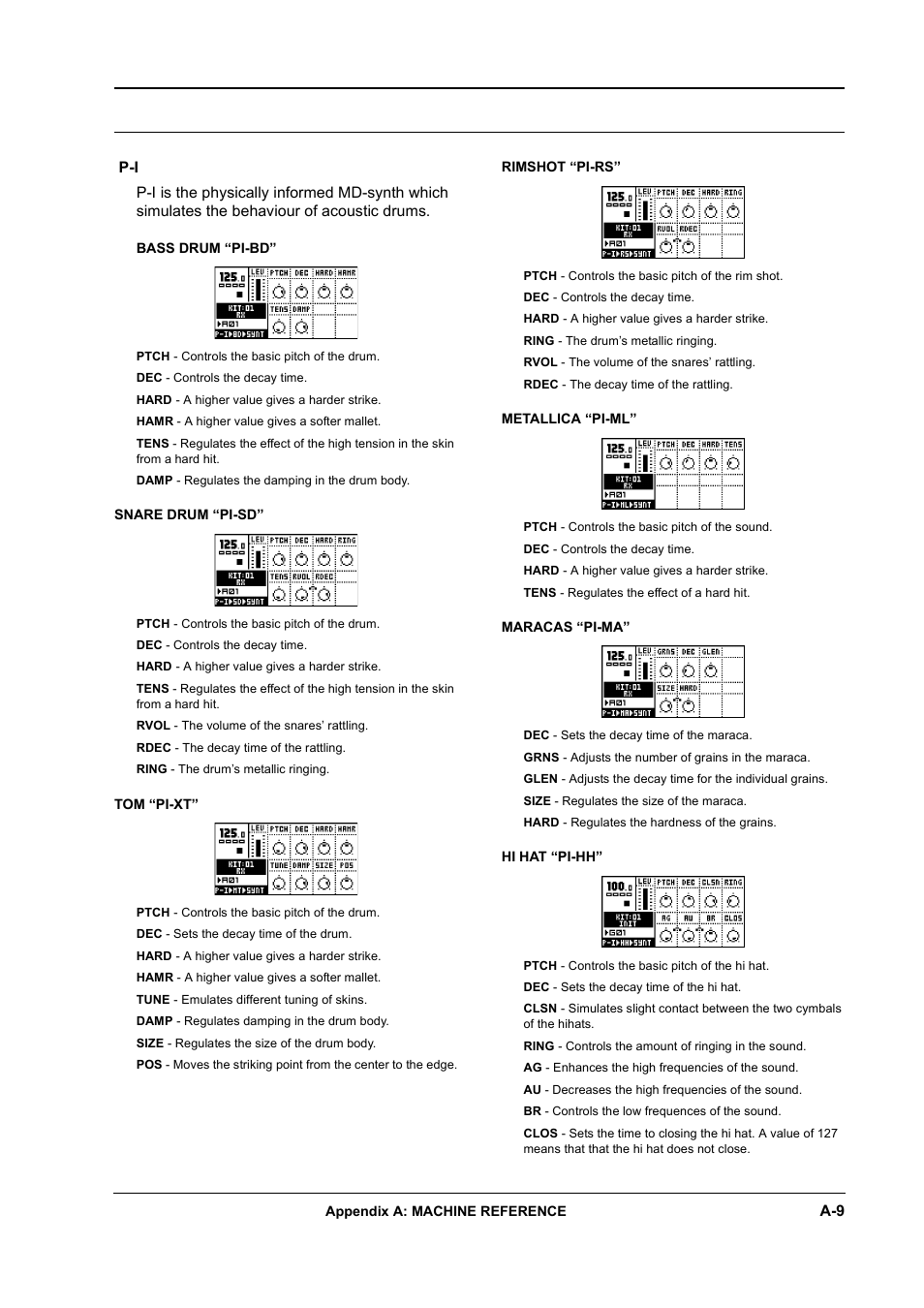 Bass drum “pi-bd, Snare drum “pi-sd, Tom “pi-xt | Rimshot “pi-rs, Metallica “pi-ml, Maracas “pi-ma, Hi hat “pi-hh | Elektron Machinedrum User Manual | Page 105 / 126