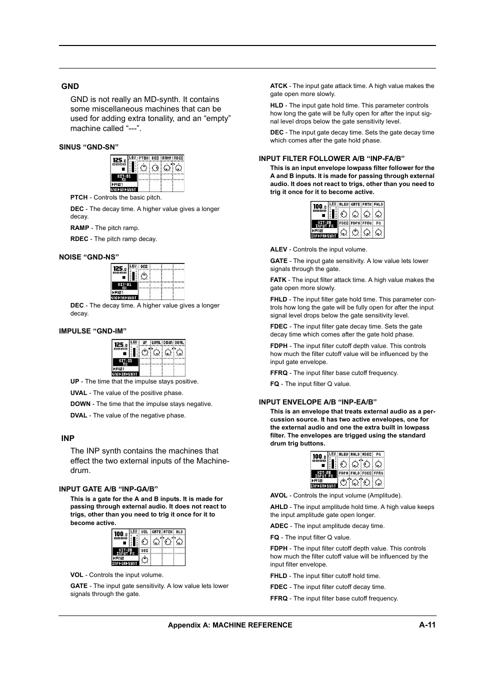 Sinus “gnd-sn, Noise “gnd-ns, Impulse “gnd-im | Input gate a/b “inp-ga/b, Input filter follower a/b “inp-fa/b, Input envelope a/b “inp-ea/b | Elektron Machinedrum User Manual | Page 107 / 126