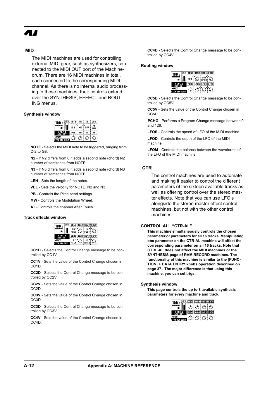 Synthesis window, Track effects window, Routing window | Control all “ctr-al | Elektron Machinedrum User Manual | Page 108 / 126