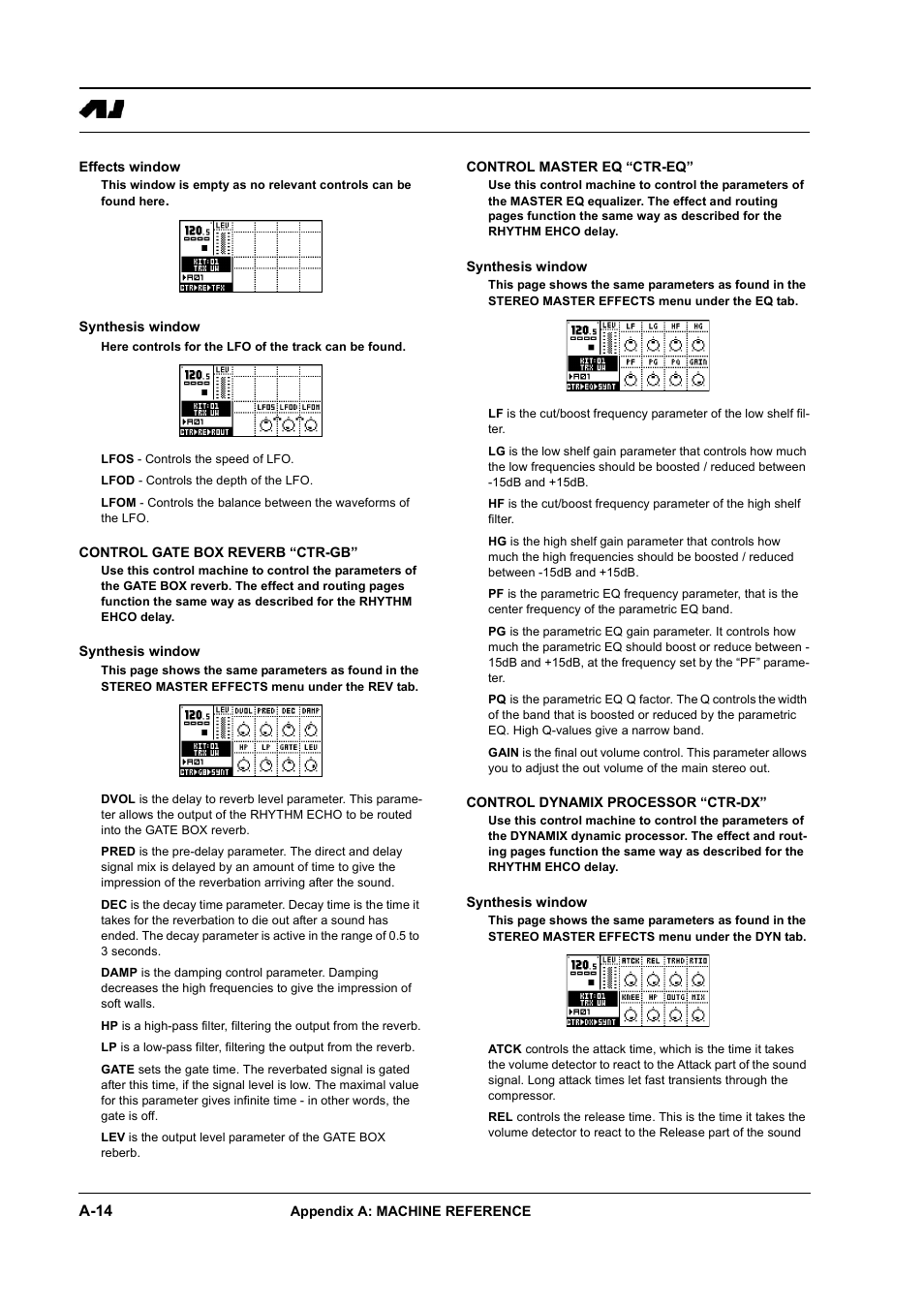 Effects window, Synthesis window, Control gate box reverb “ctr-gb | Control master eq “ctr-eq, Control dynamix processor “ctr-dx | Elektron Machinedrum User Manual | Page 110 / 126