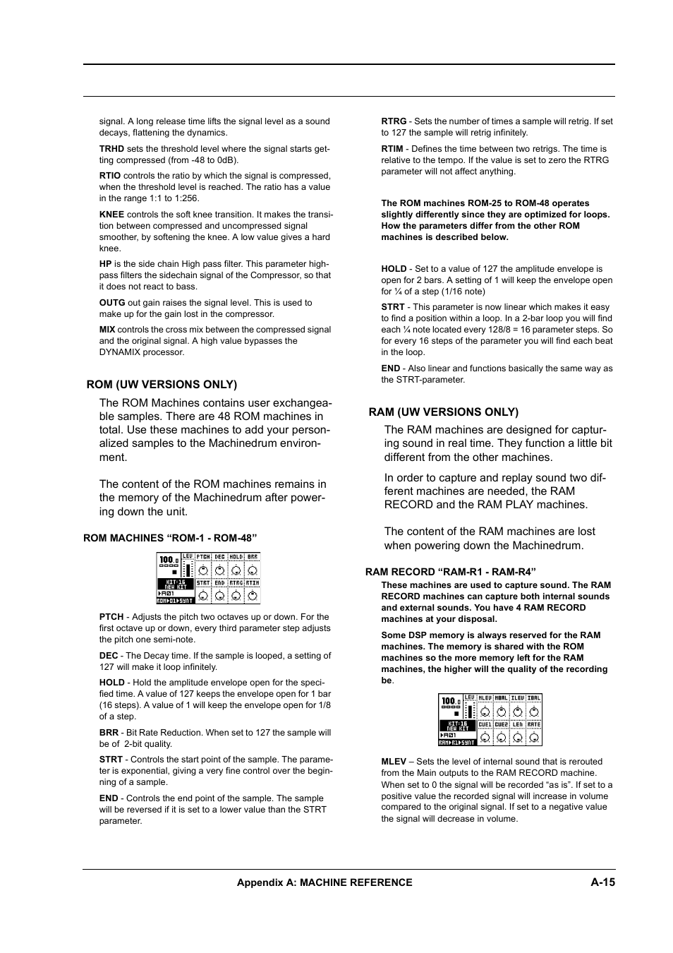 Rom (uw versions only), Rom machines “rom-1 - rom-48, Ram (uw versions only) | Ram record “ram-r1 - ram-r4 | Elektron Machinedrum User Manual | Page 111 / 126