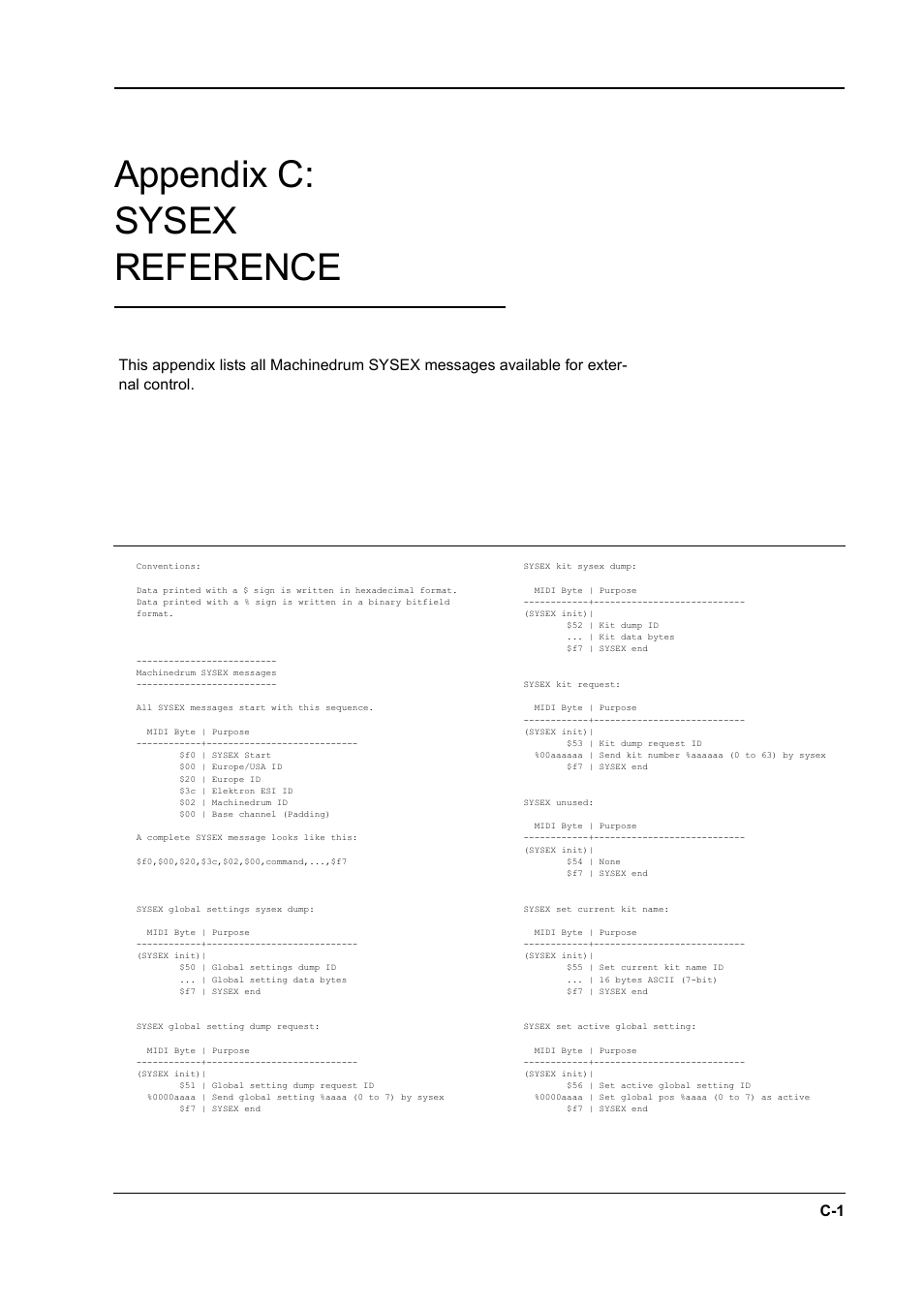 Appendix c: sysex reference | Elektron Machinedrum User Manual | Page 115 / 126