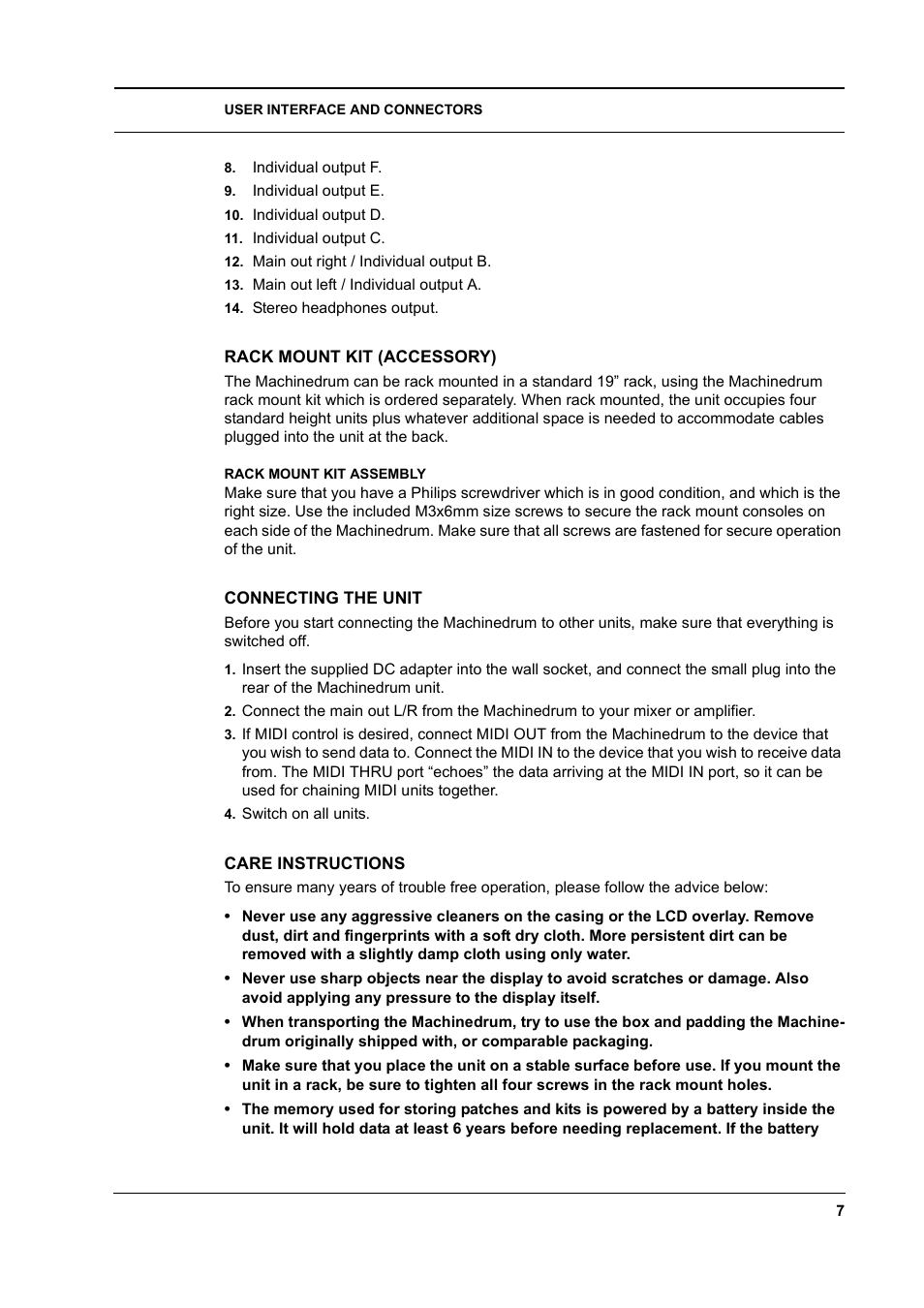 Rack mount kit (accessory), Rack mount kit assembly, Connecting the unit | Care instructions, Rack mount kit (accessory) -7, Rack mount kit assembly -7, Connecting the unit -7 care instructions -7 | Elektron Machinedrum User Manual | Page 15 / 126