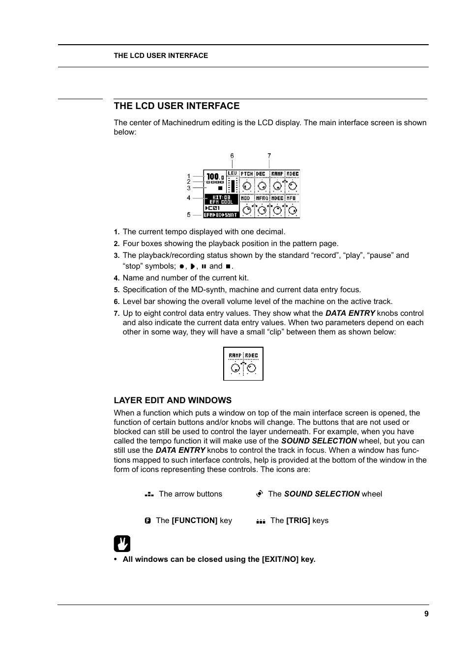 The lcd user interface, Layer edit and windows, The lcd user interface -9 | Layer edit and windows -9 | Elektron Machinedrum User Manual | Page 17 / 126