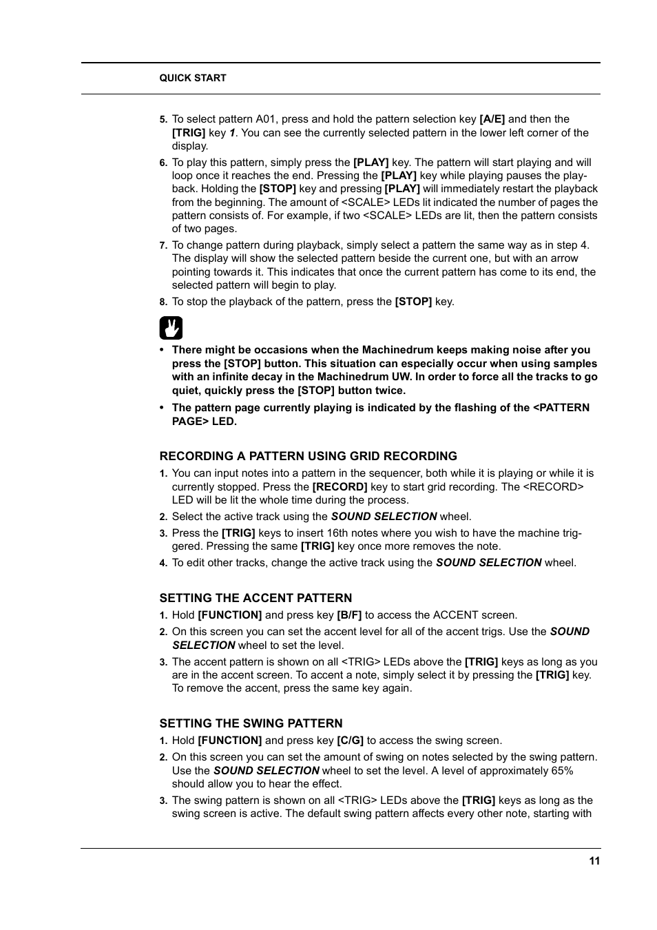 Recording a pattern using grid recording, Setting the accent pattern, Setting the swing pattern | Elektron Machinedrum User Manual | Page 19 / 126