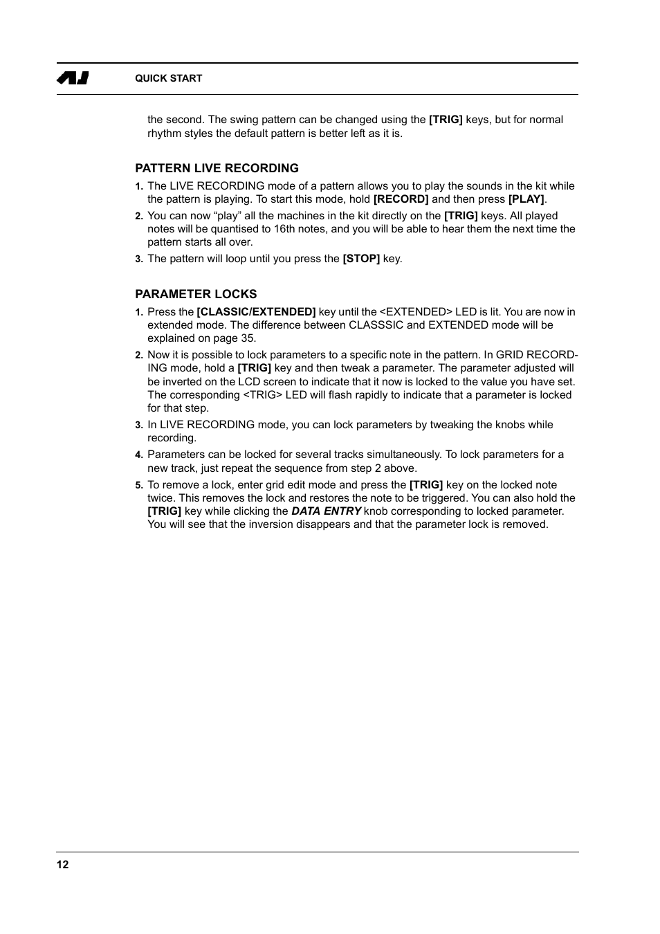 Pattern live recording, Parameter locks, Pattern live recording -12 parameter locks -12 | Elektron Machinedrum User Manual | Page 20 / 126