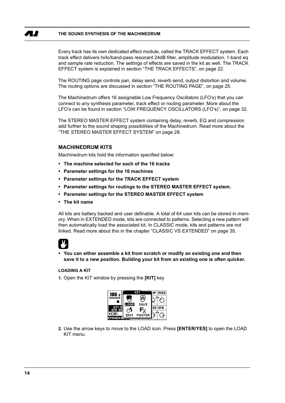 Machinedrum kits, Loading a kit, Machinedrum kits -14 | Loading a kit -14 | Elektron Machinedrum User Manual | Page 22 / 126