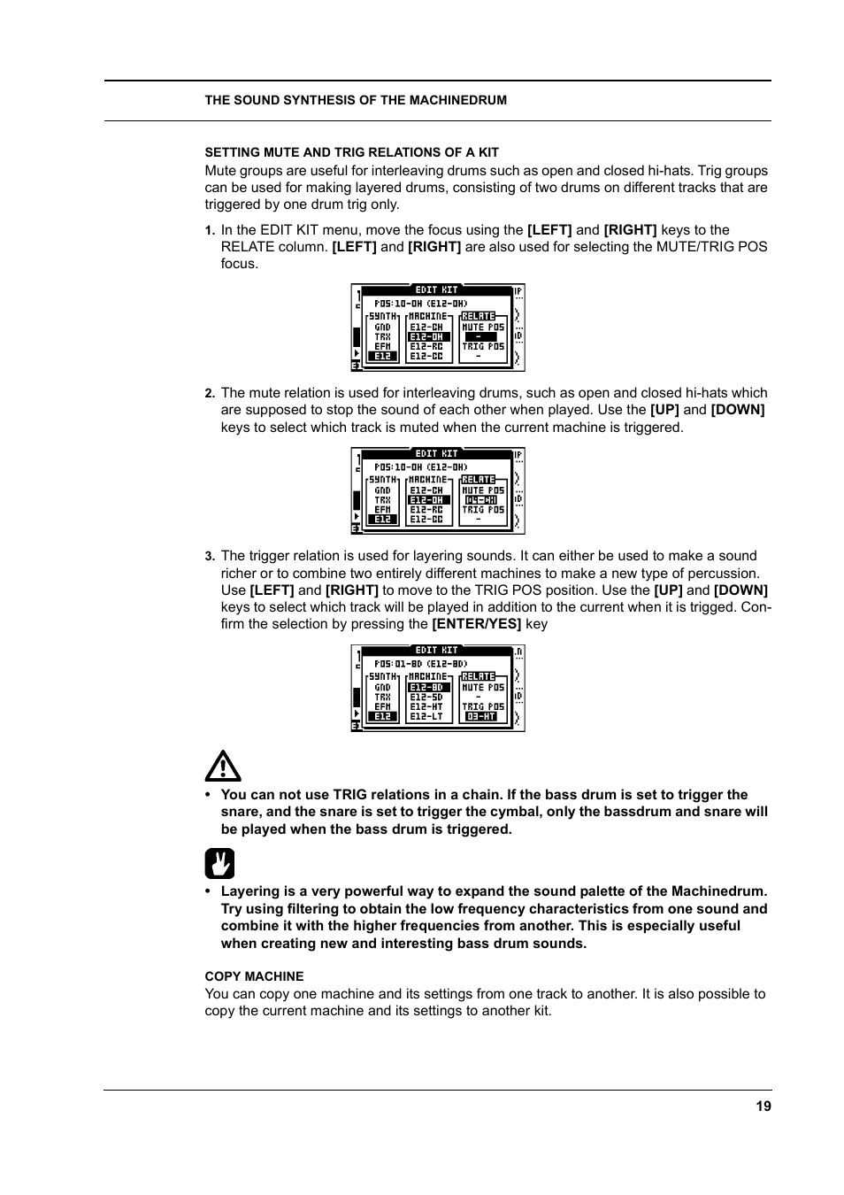 Setting mute and trig relations of a kit, Copy machine | Elektron Machinedrum User Manual | Page 27 / 126