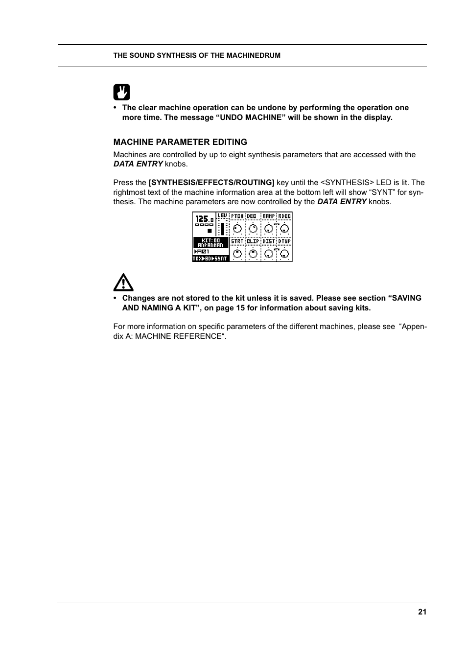Machine parameter editing, Machine parameter editing -21 | Elektron Machinedrum User Manual | Page 29 / 126