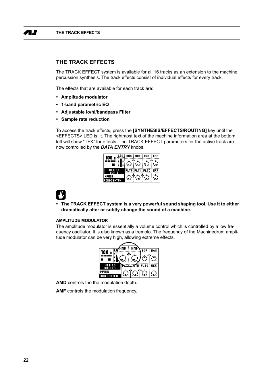 The track effects, Amplitude modulator, The track effects -22 | Amplitude modulator -22 | Elektron Machinedrum User Manual | Page 30 / 126