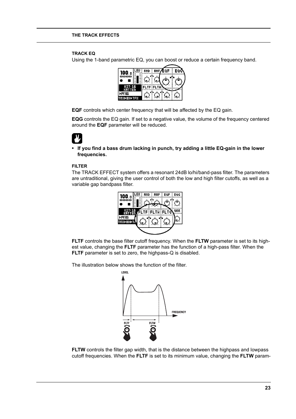 Track eq, Filter, Track eq -23 filter -23 | Elektron Machinedrum User Manual | Page 31 / 126