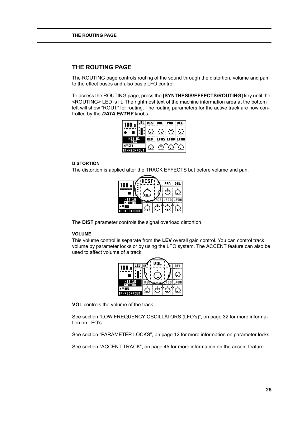Distortion, Volume, Distortion -25 volume -25 | The routing page | Elektron Machinedrum User Manual | Page 33 / 126