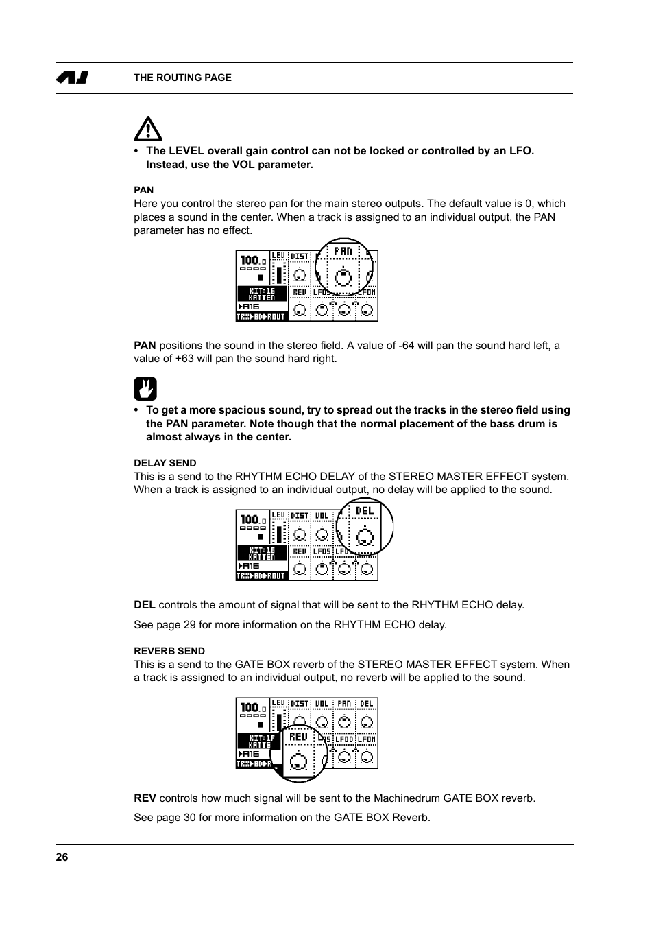 Delay send, Reverb send, Pan -26 delay send -26 reverb send -26 | Elektron Machinedrum User Manual | Page 34 / 126