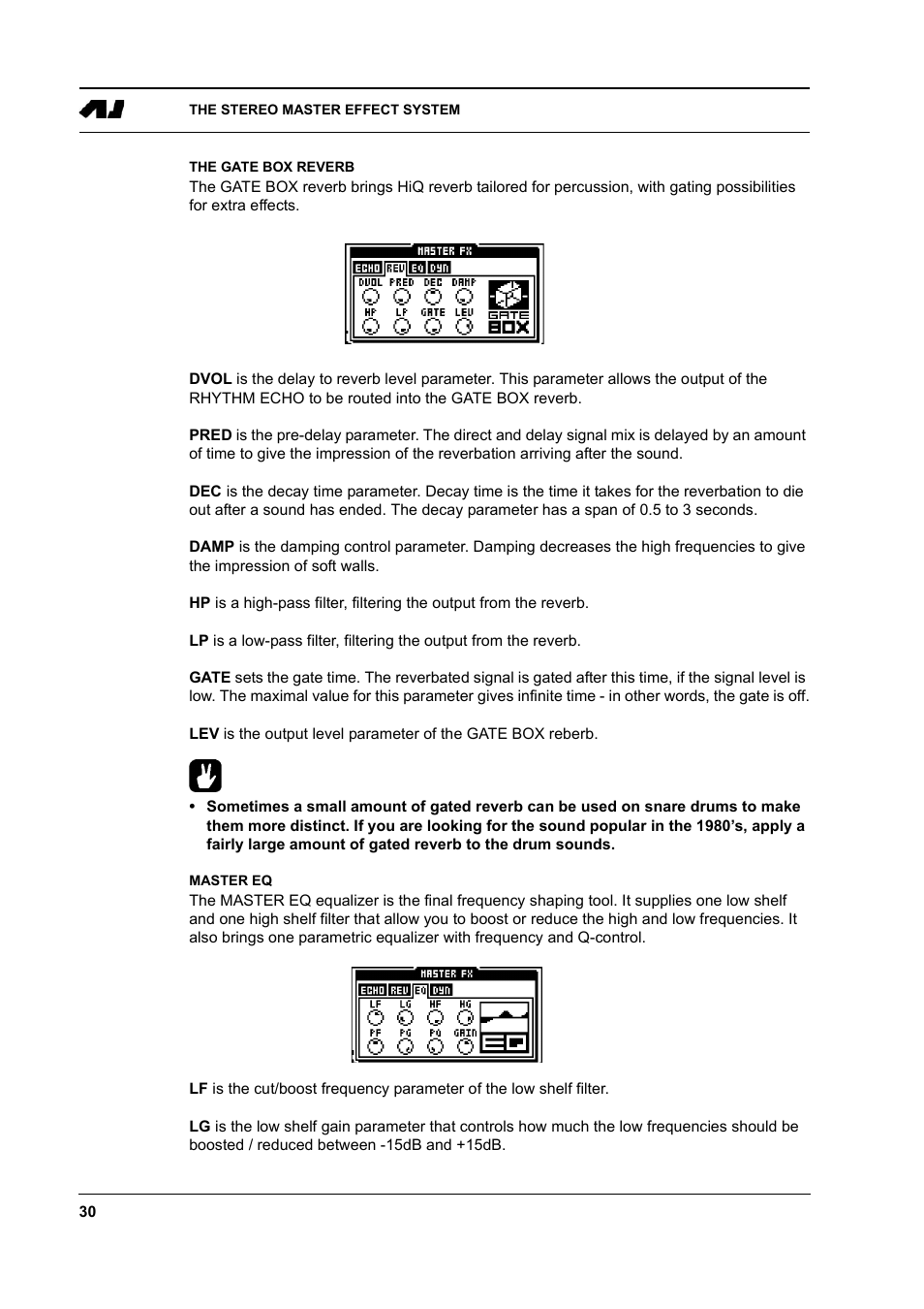 The gate box reverb, Master eq, The gate box reverb -30 | Master eq -30 | Elektron Machinedrum User Manual | Page 38 / 126