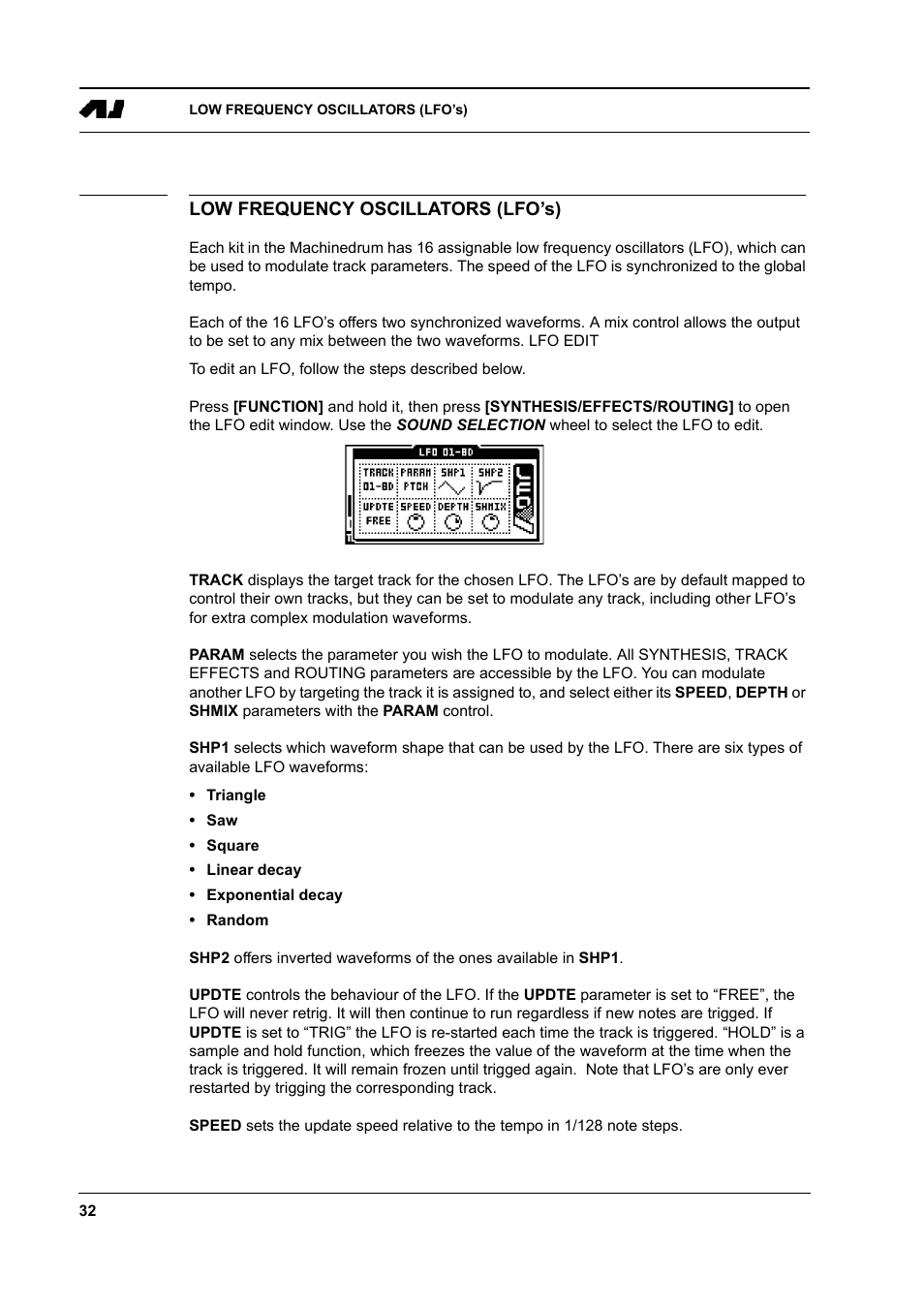 Low frequency oscillators (lfo’s), Low frequency oscillators (lfo’s) -32 | Elektron Machinedrum User Manual | Page 40 / 126