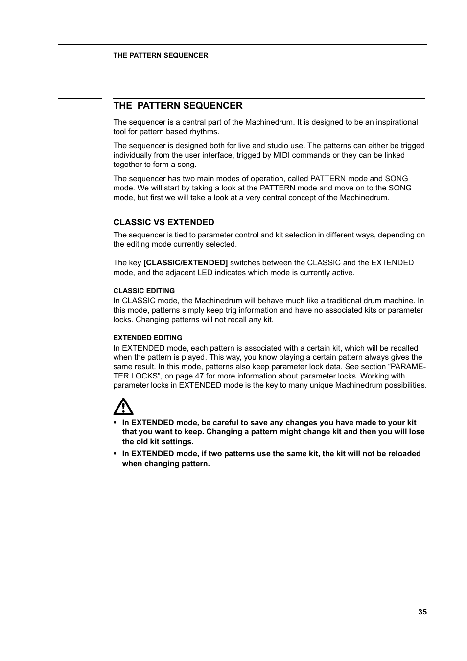 The pattern sequencer, Classic vs extended, Classic editing | Extended editing, The pattern sequencer -35, Classic vs extended -35, Classic editing -35 extended editing -35 | Elektron Machinedrum User Manual | Page 43 / 126