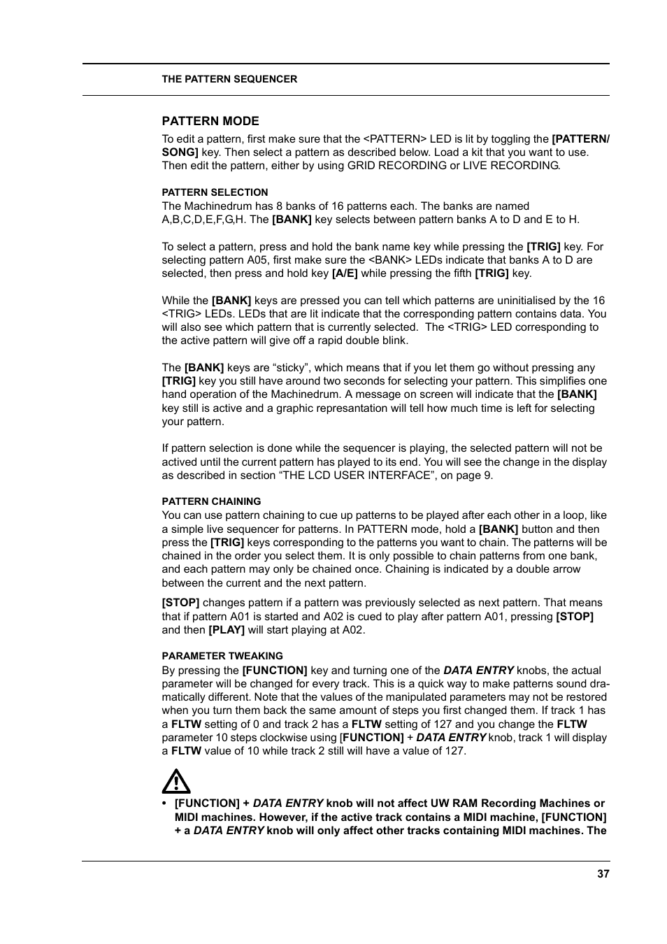 Pattern mode, Pattern selection, Pattern chaining | Parameter tweaking, Pattern mode -37 | Elektron Machinedrum User Manual | Page 45 / 126