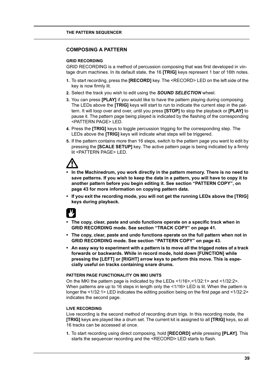Composing a pattern, Grid recording, Live recording | Composing a pattern -39 | Elektron Machinedrum User Manual | Page 47 / 126