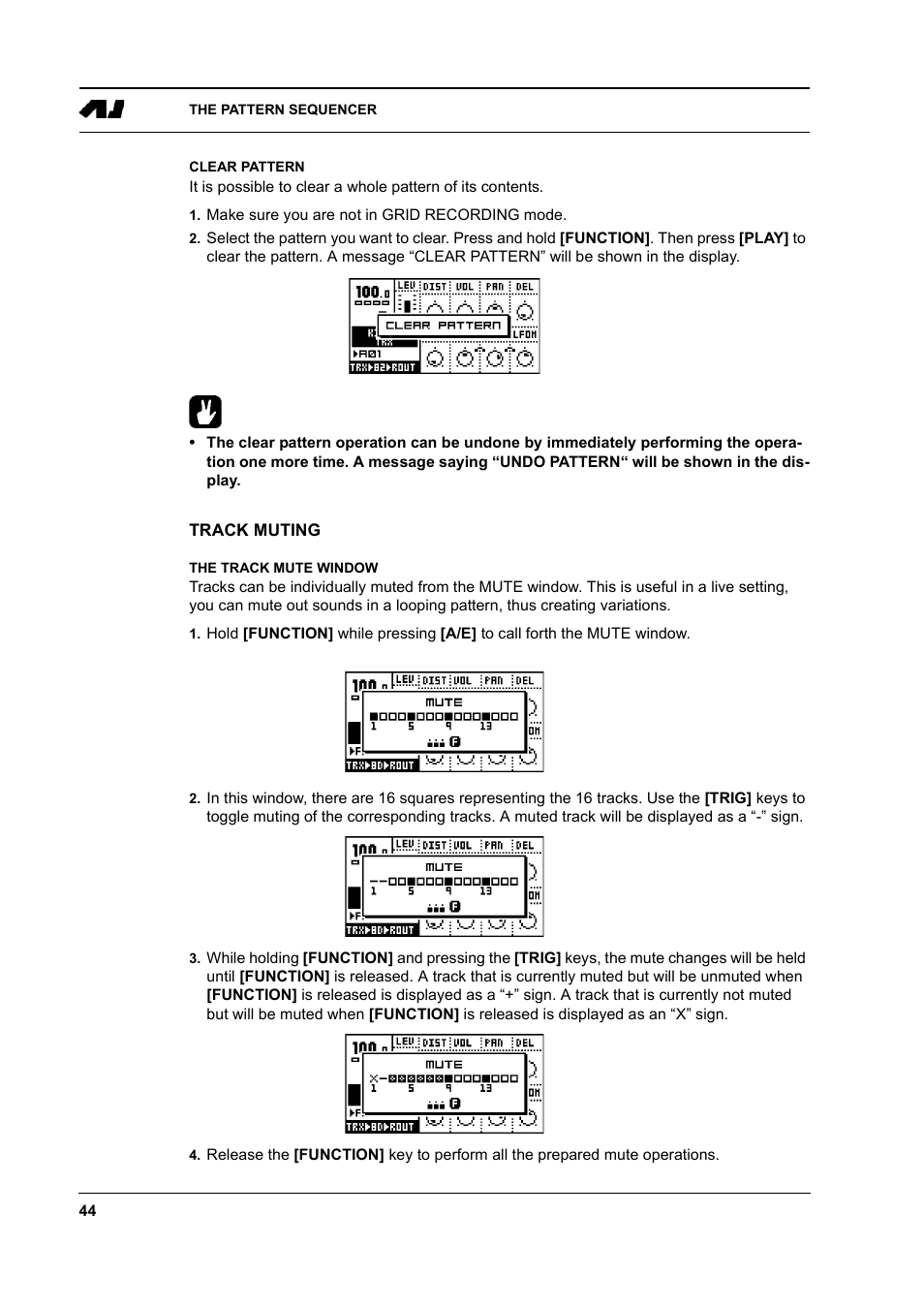 Clear pattern, Track muting, The track mute window | Clear pattern -44, Track muting -44, The track mute window -44 | Elektron Machinedrum User Manual | Page 52 / 126