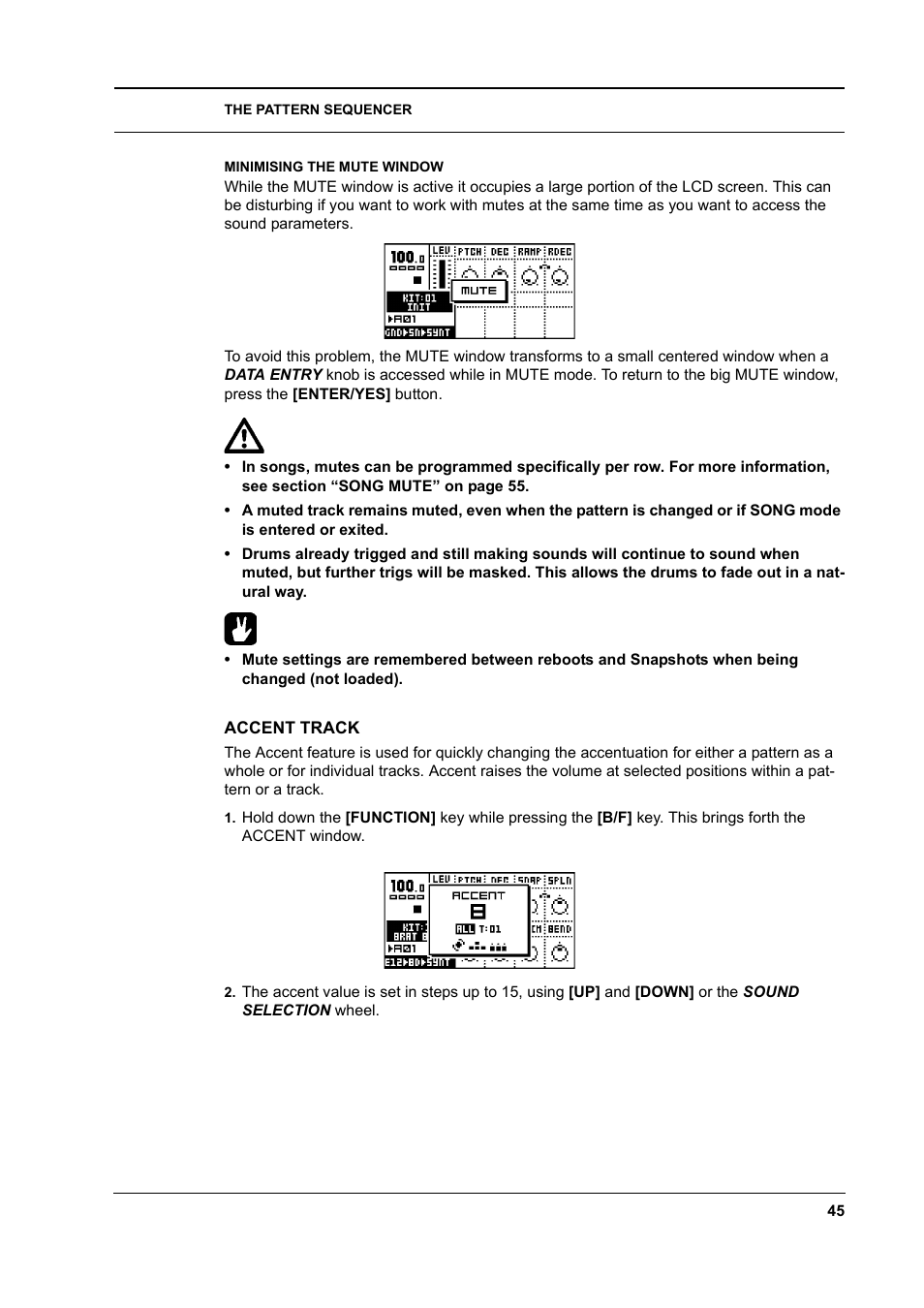 Minimising the mute window, Accent track, Minimising the mute window -45 | Accent track -45 | Elektron Machinedrum User Manual | Page 53 / 126