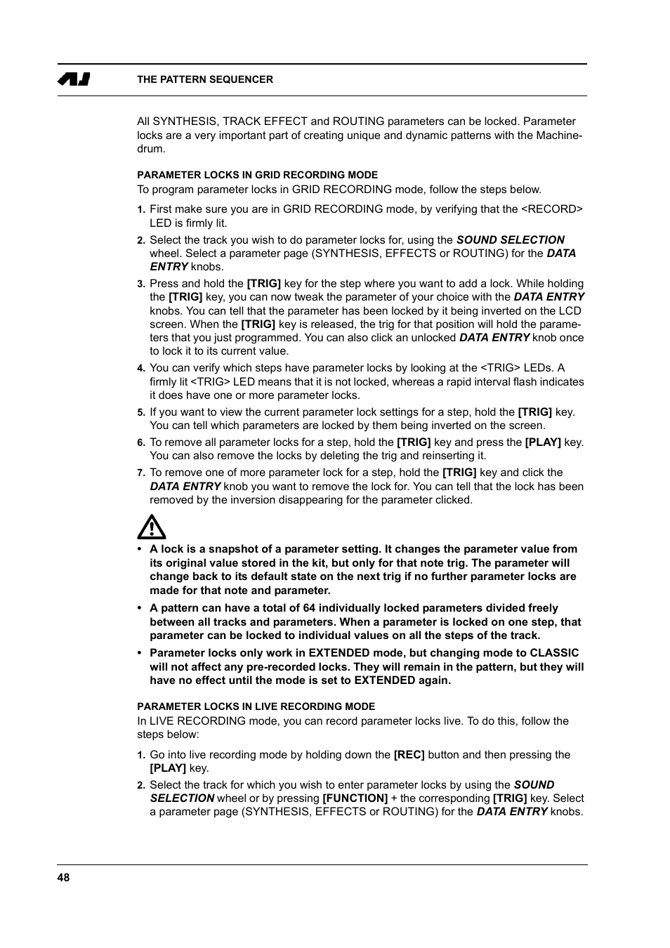 Parameter locks in grid recording mode, Parameter locks in live recording mode | Elektron Machinedrum User Manual | Page 56 / 126
