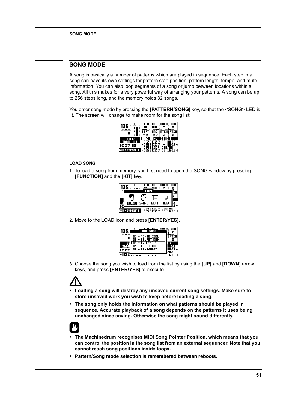 Song mode, Load song, Song mode -51 | Load song -51 | Elektron Machinedrum User Manual | Page 59 / 126