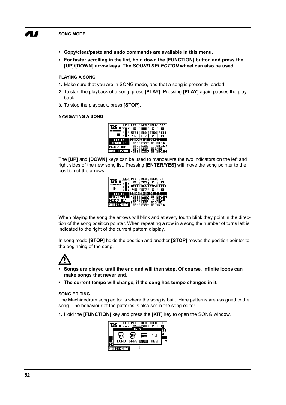 Playing a song, Navigating a song, Song editing | Elektron Machinedrum User Manual | Page 60 / 126