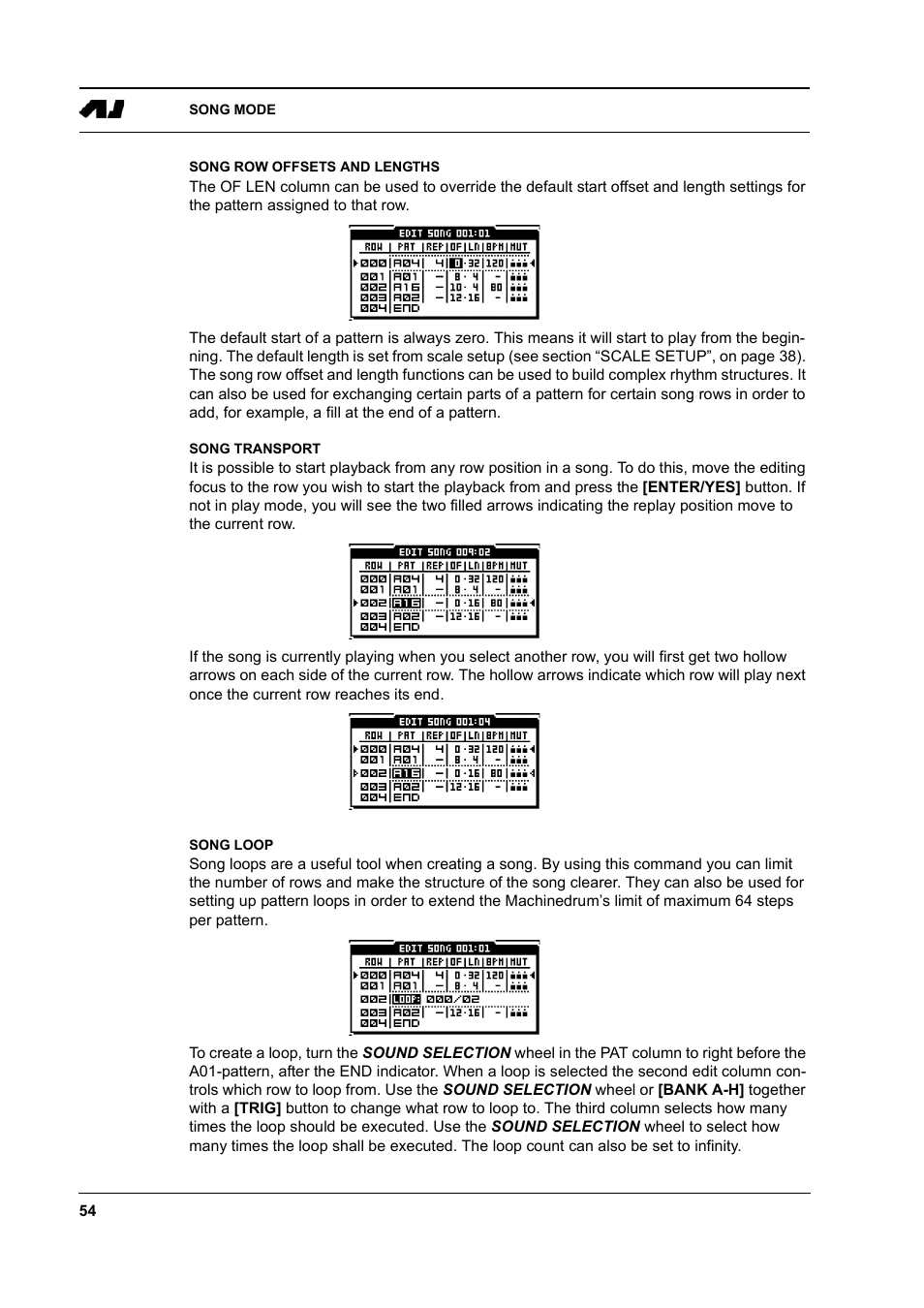 Song row offsets and lengths, Song transport, Song loop | Elektron Machinedrum User Manual | Page 62 / 126