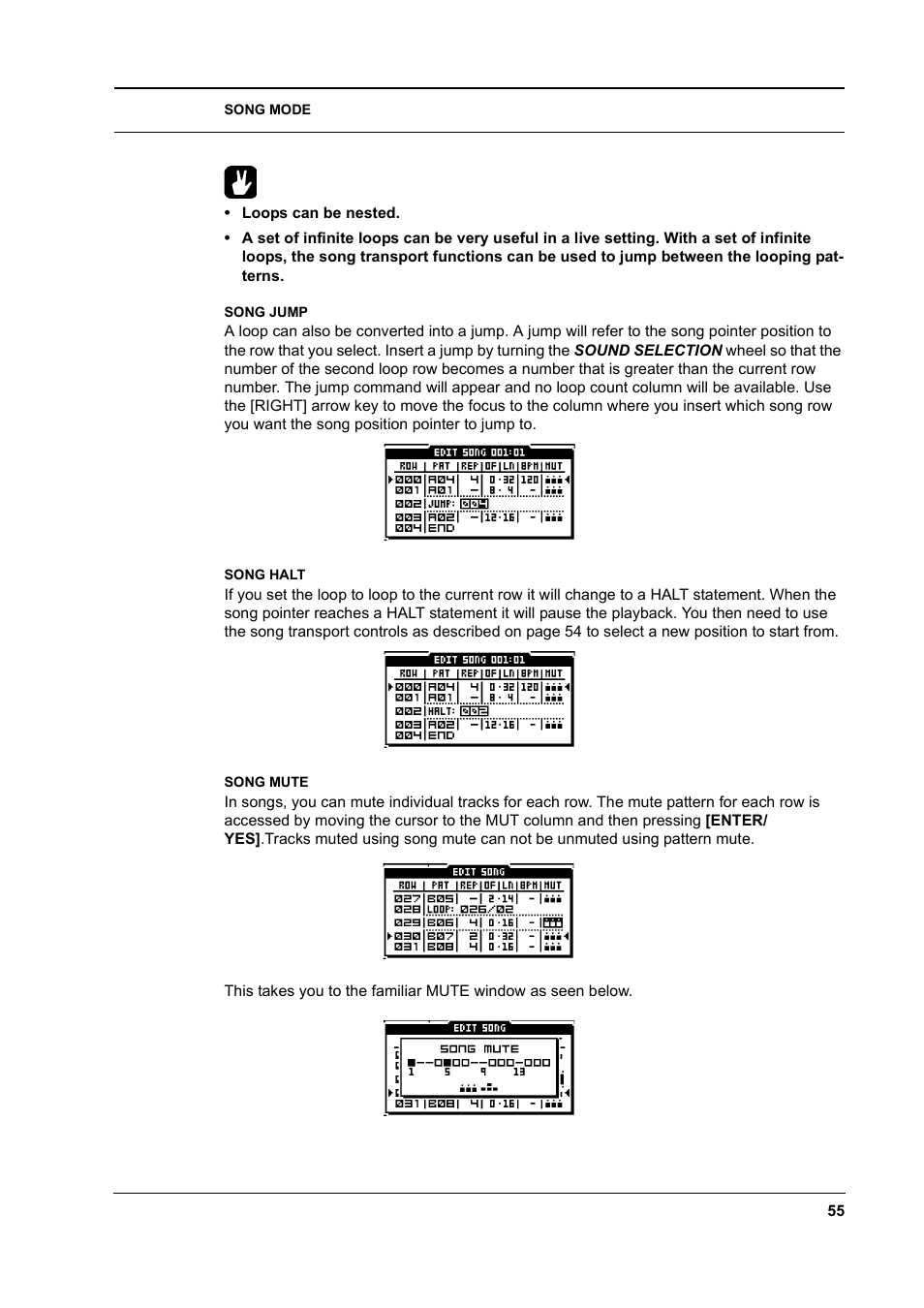 Song jump, Song halt, Song mute | Song jump -55 song halt -55 song mute -55 | Elektron Machinedrum User Manual | Page 63 / 126