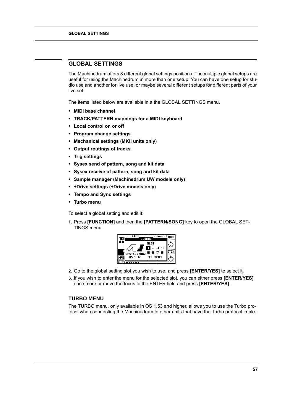 Global settings, Turbo menu, Global settings -57 | Turbo menu -57 | Elektron Machinedrum User Manual | Page 65 / 126