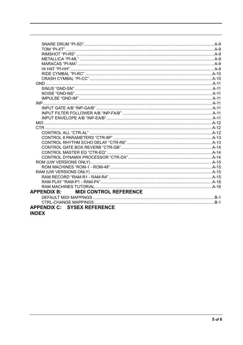 Appendix b: midi control reference, Appendix c: sysex reference index | Elektron Machinedrum User Manual | Page 7 / 126