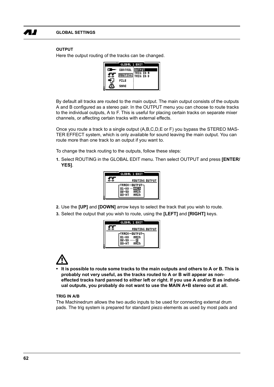 Output, Trig in a/b, Output -62 trig in a/b -62 | Elektron Machinedrum User Manual | Page 70 / 126