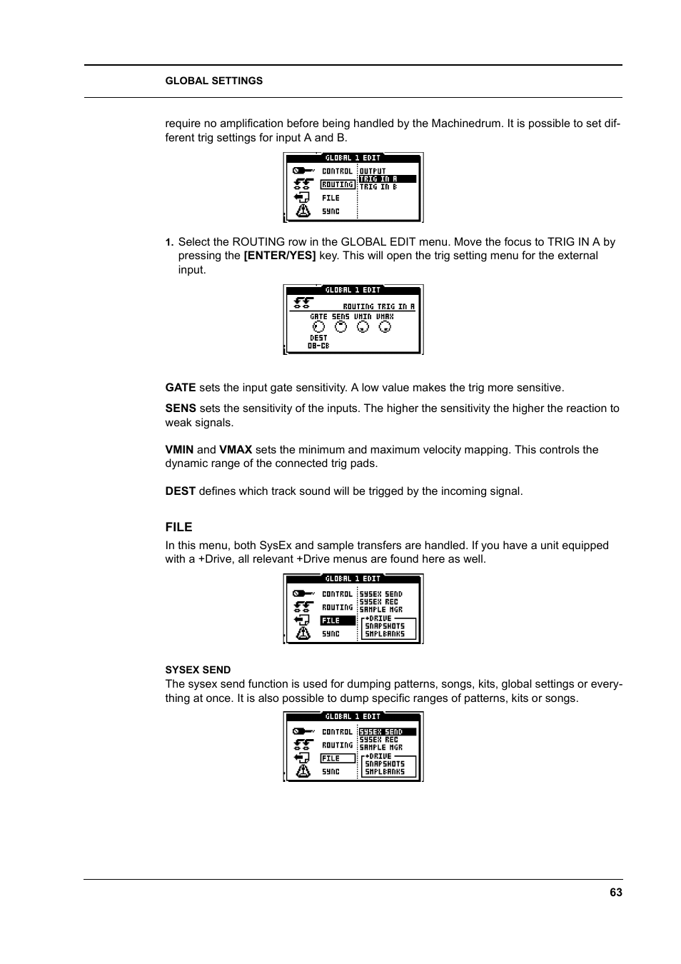 File, Sysex send, File -63 | Sysex send -63 | Elektron Machinedrum User Manual | Page 71 / 126